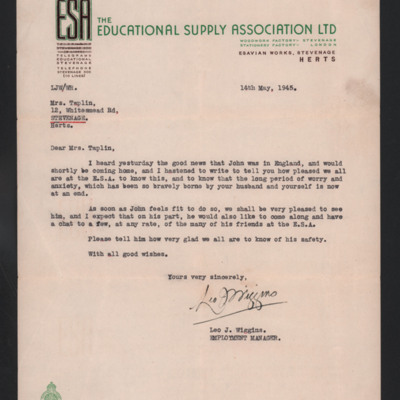 Letter to John Taplin&#039;s Mother from Educational Supply Association Ltd