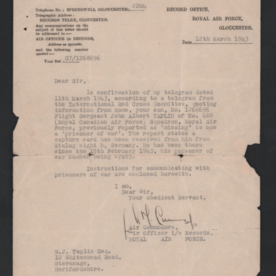Letter to John Taplin&#039;s Father from RAF Record Office