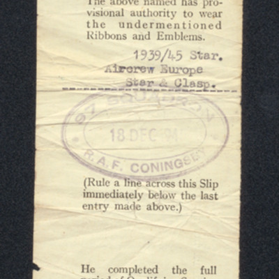 Provisional Authority to wear a 1939/45 Star, Aircrew Europe Star and Clasp