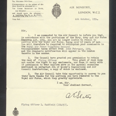 Letter to Flying Officer L Hadfield from Air Ministry