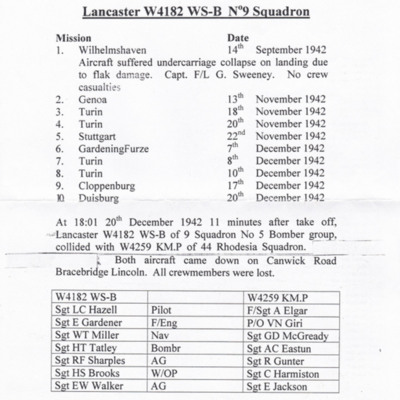Information about Lancaster W4182 WS-B of 9 Squadron
