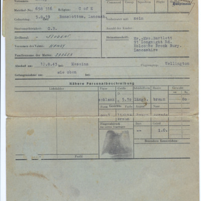 German Air Force camp prisoner of war index card