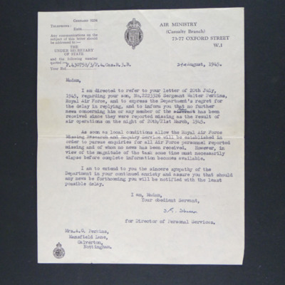 Letter to Mrs A G Perkins from Air Ministry casualty branch