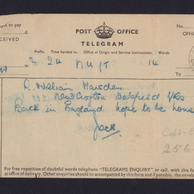 Telegram to William Marsden from his Son