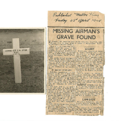 Newspaper cutting &#039;Missing airman&#039;s grave found&#039; and photograph of J H Dyer grave cross