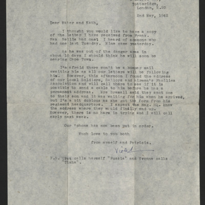 Letter to Frank Claydon&#039;s Mother and Daughter from Violet and Patricia Claydon