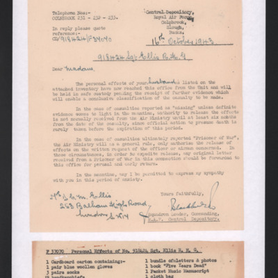 Letter to Mrs Doreen Ellis from RAF Central Depository