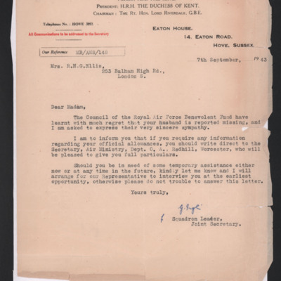 Letter to Mrs Doreen Ellis from the RAF Benevolent Fund