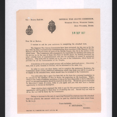 Letter to Mrs Doreen Ellis from the Imperial War Graves Commission