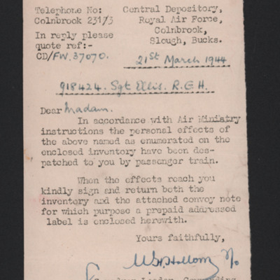 Letter to Mrs Doreen Ellis from the RAF Central Depository