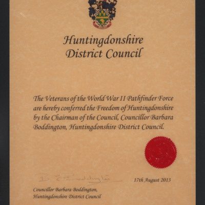 Freedom of Huntingdonshire Certificate