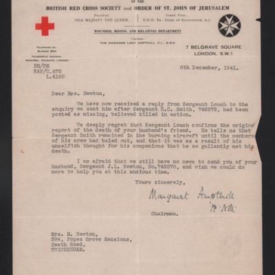 Letter to Jack Newton&#039;s wife from Red Cross