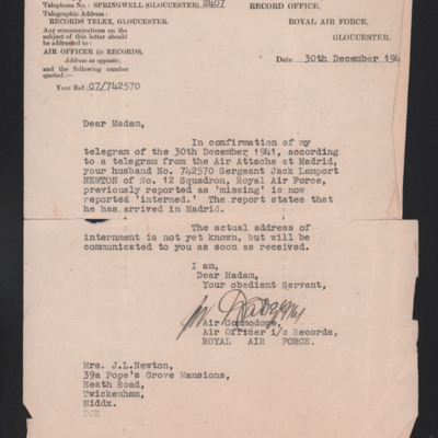 Letter to Jack Newton&#039;s wife from RAF records office