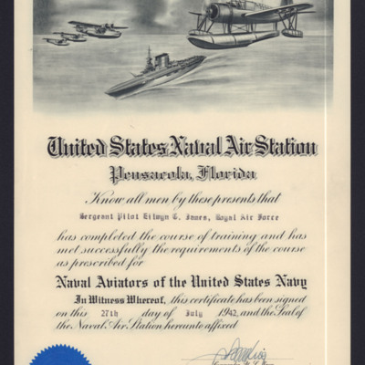 Cyril James&#039; Naval Aviator Certificate