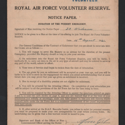 Royal Air Force Volunteer Reserve Notice Paper
