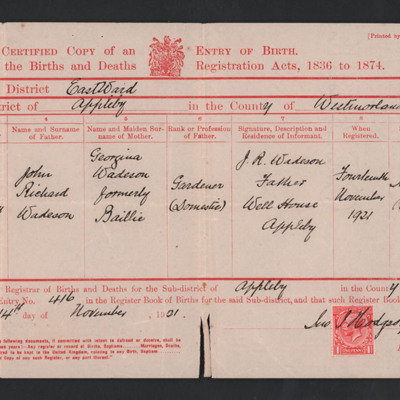 Thomas Wadeson&#039;s birth certificate