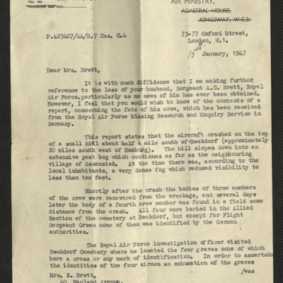 Letter to Mrs K Brett from the Air Ministry