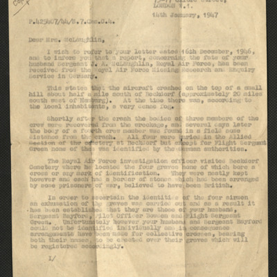 Letter to Mrs McLaughlin from the Air Ministry