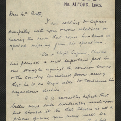 Letter to Mrs Brett from the chaplain at RAF Strubby
