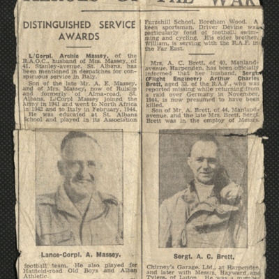 Newspaper report concerning Flight Sergeant A C Brett 