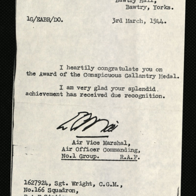 Letter to Barry Wright from Air Officer Commanding No 1 Group