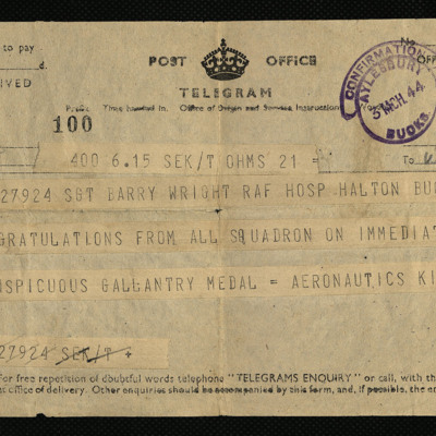 Telegram to Barry Wright in hospital