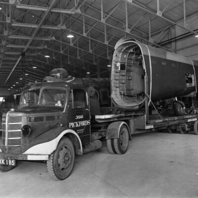 Rear fuselage of a Lancaster on a trailer