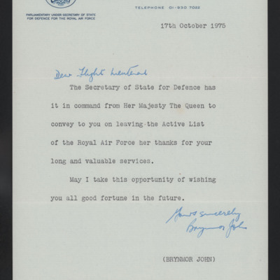 Letter to Basil Harrington from Brynmor John (Ministry of Defence)