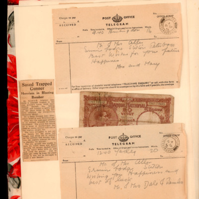 Newspaper account of Derrick Allen&#039;s heroic actions leading to award of Conspicuous Gallantry Medal, congratulatory wedding telegrams and banknote