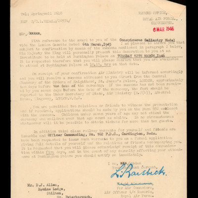 Letter to Derrick Allen concerning details for investiture of Conspicuous Gallantry Medal 