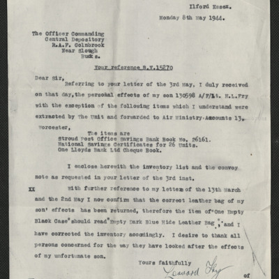 Letter from Harold Fry&#039;s father to RAF central depository