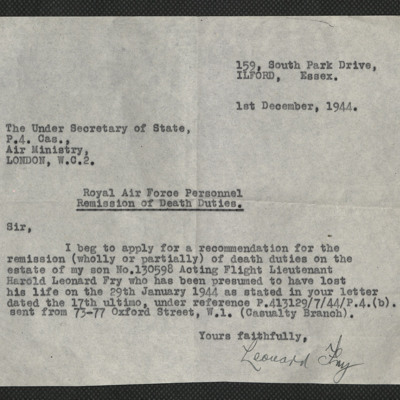 Letter from Harold Fry&#039;s father to under-secretary of state at Air Ministry