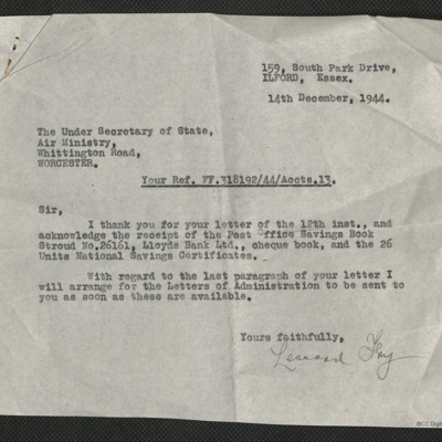 Letter from Harold Fry&#039;s father to under-secretary of state at air ministry