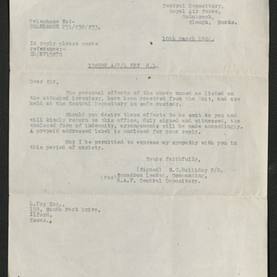 Letter from RAF central depository to Harold Fry&#039;s father