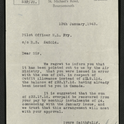 Letter from Lloyds bank to Harold Fry 