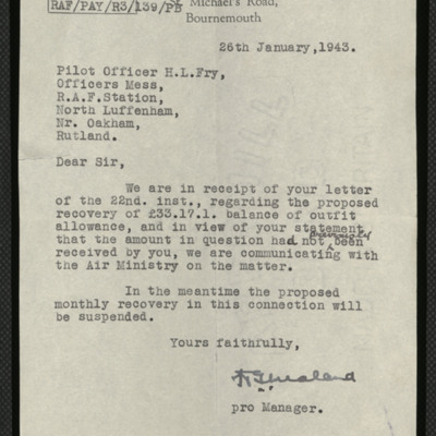 Letter from Lloyds bank to Harold Fry