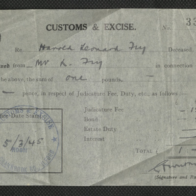 Receipt for money paid to customs and excise