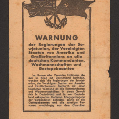 Warnung der Regierungen der Sowjetunion, der Vereinigten Staaten von Amerika und Grossbrittanniens an alle deutschen Kommandanten