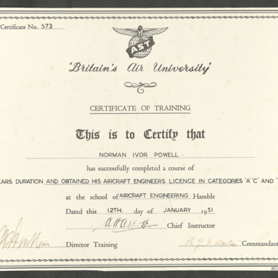 Aircraft engineer certificate of training