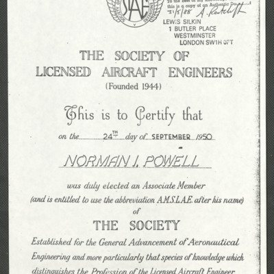 Certificate - society of licensed aircraft engineers