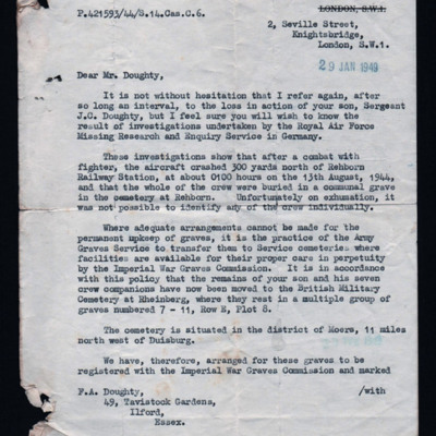 Letter to Jimmy Doughty&#039; s father from the air ministry