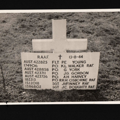 Photograph of grave cross and note from under-secretary of state for air to Mrs F A Doughty