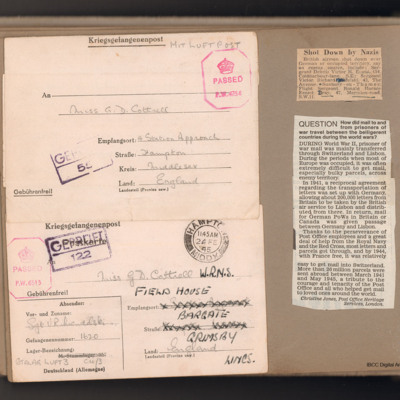 Envelope addressed to Daphne Cottrell and two Newspaper Cuttings