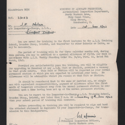 Letter to Frank Nolan from the Ministry of Aircraft Production