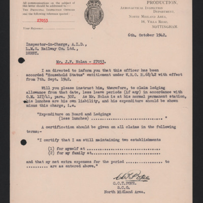 Letter to Inspector in charge at L.M.S. Derby from the ministry of aircraft production 