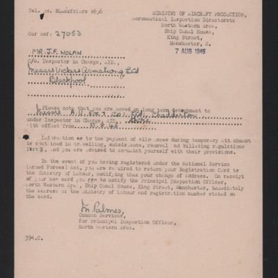 Letter to Frank Nolan from the ministry of aircraft production 
