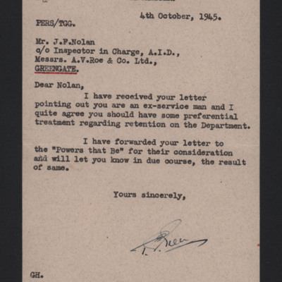 Letter to Frank Nolan from T G Green, A.I.D office A V Roe