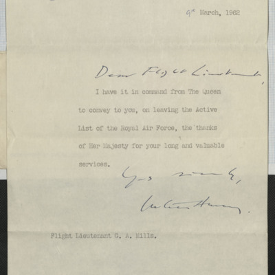 Letter to Gordon A Mills from secretary of state for air