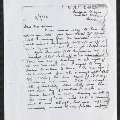 Letter to Charles Warner&#039;s mother from officer commanding  101 Squadron