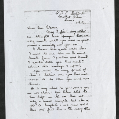 Letter to Charles Warner&#039;s mother from RAF Ludford chaplain